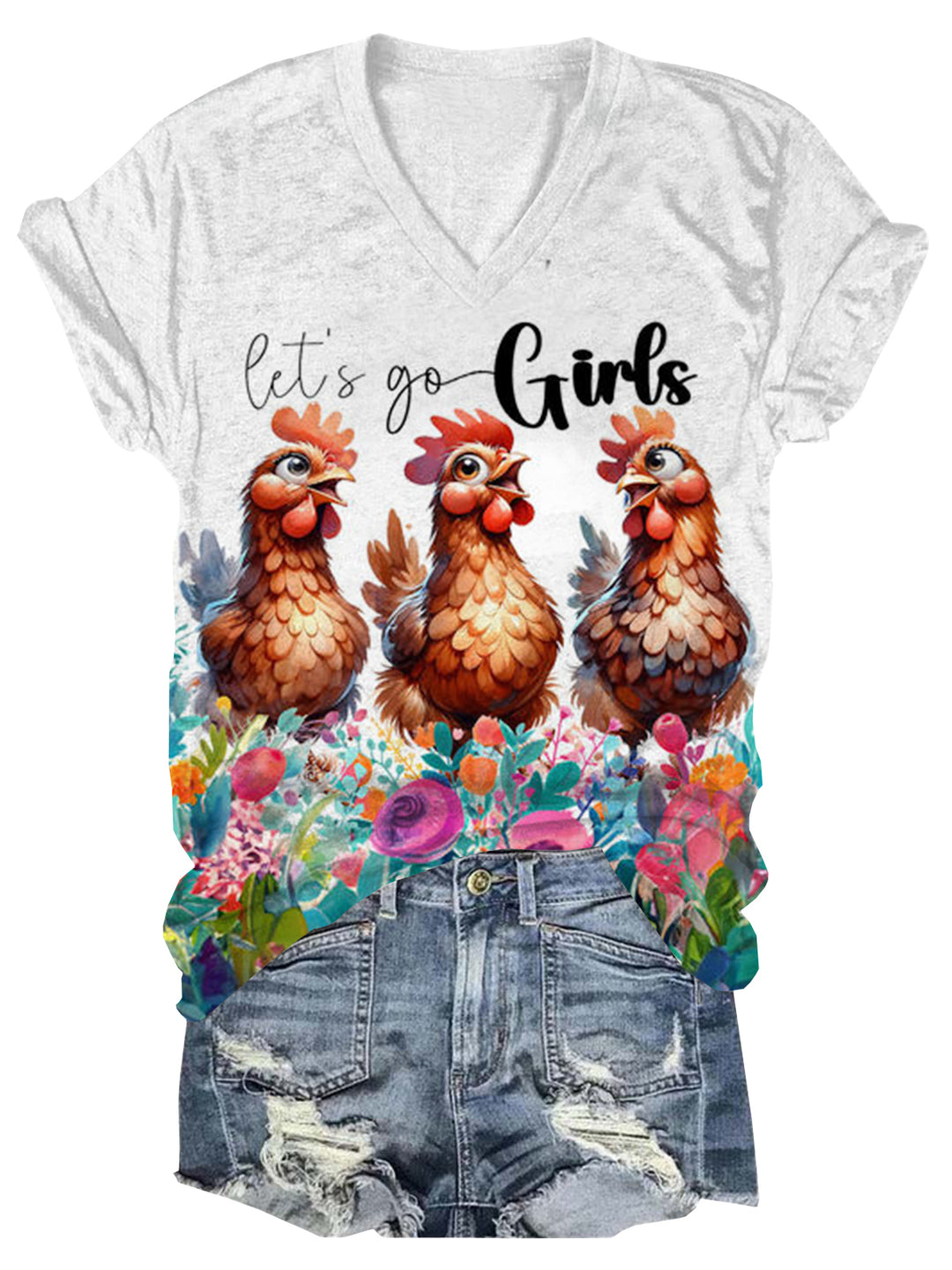 Let's Go Girls Funny Chicken V-Neck Short Sleeve T-Shirt