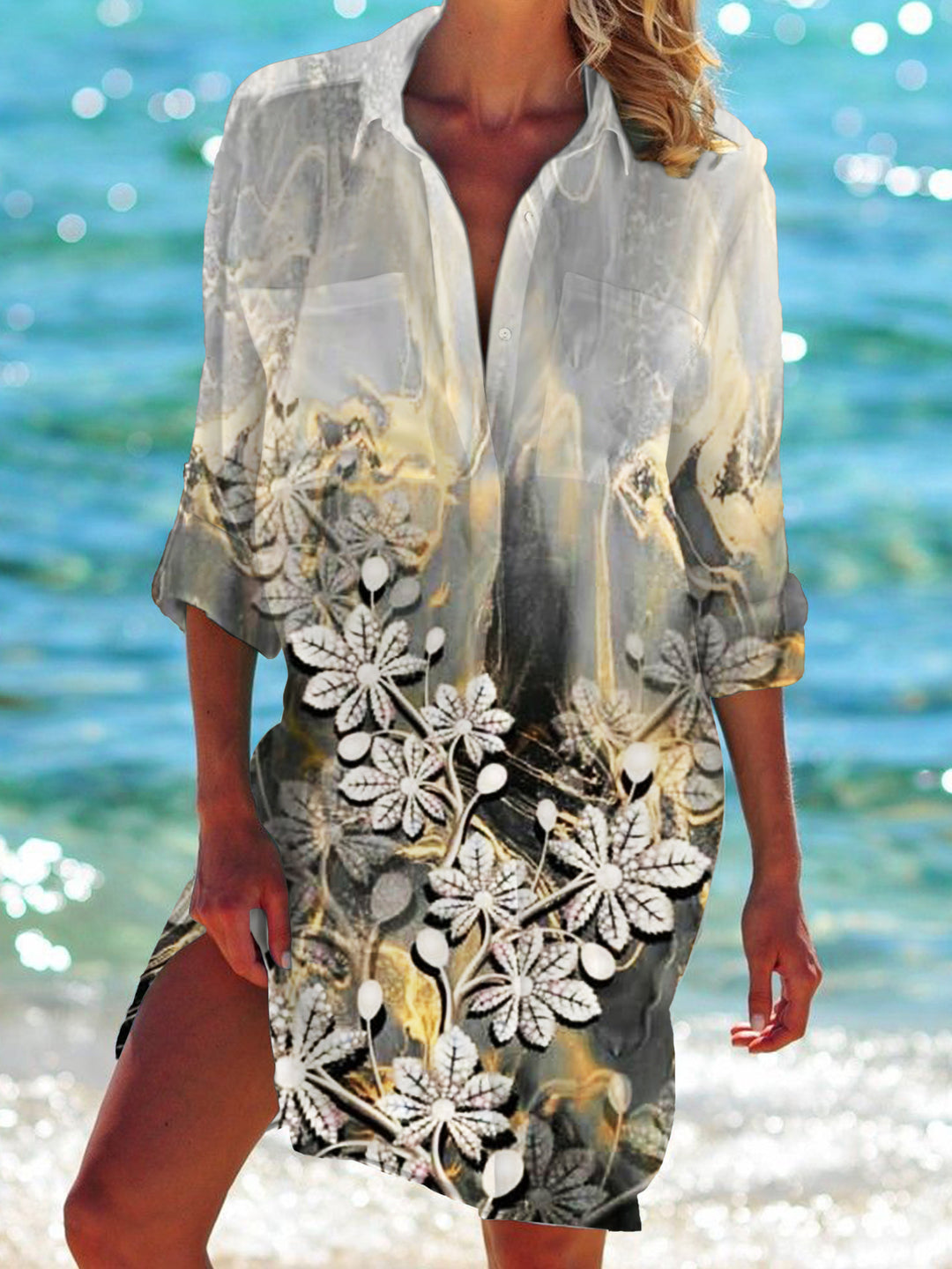 Gradient Flow Flower Long Sleeve Beach Shirt Dress