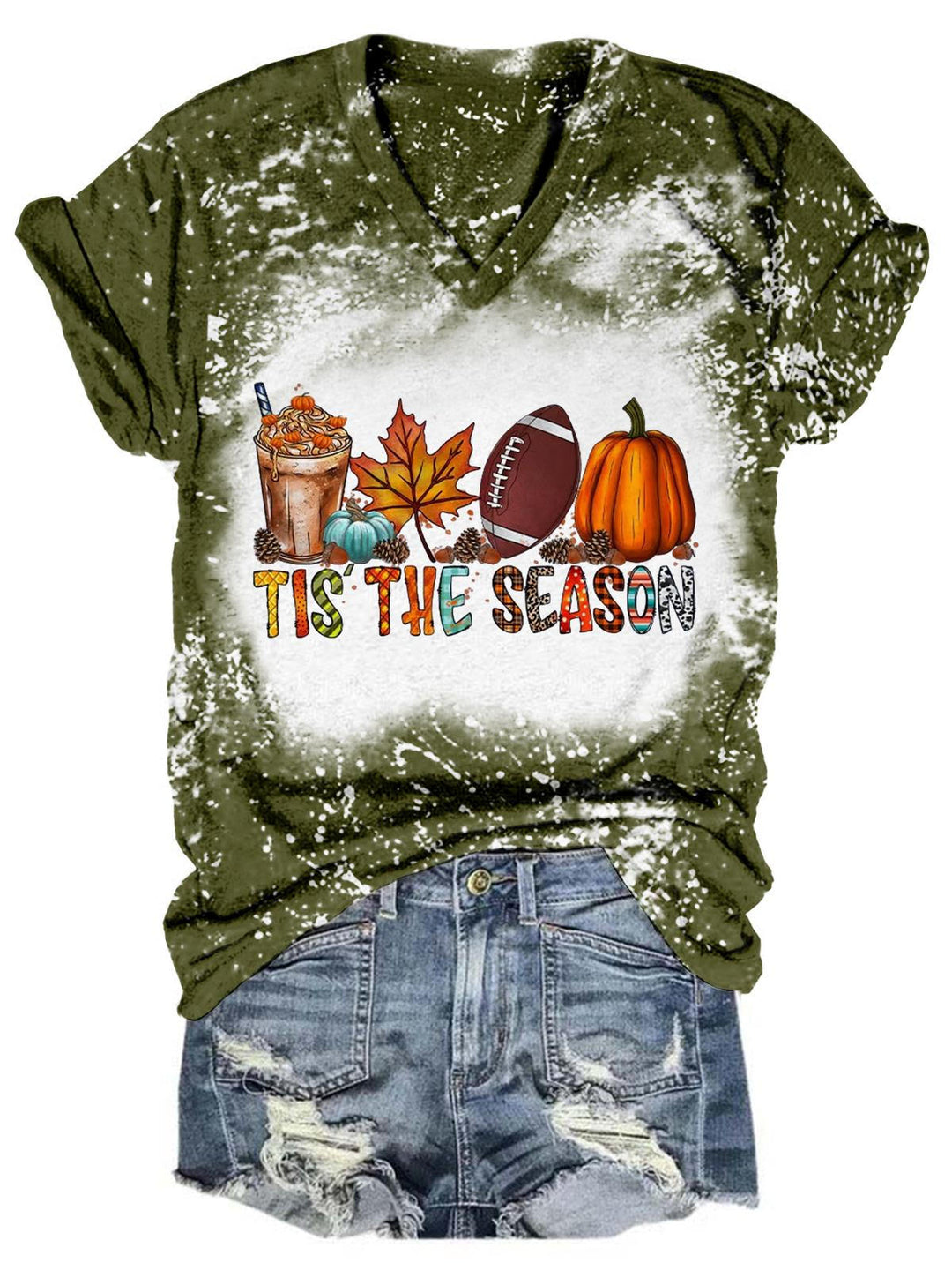 Tis The Season Football Pumpkin Tie Dye V Neck T-Shirt