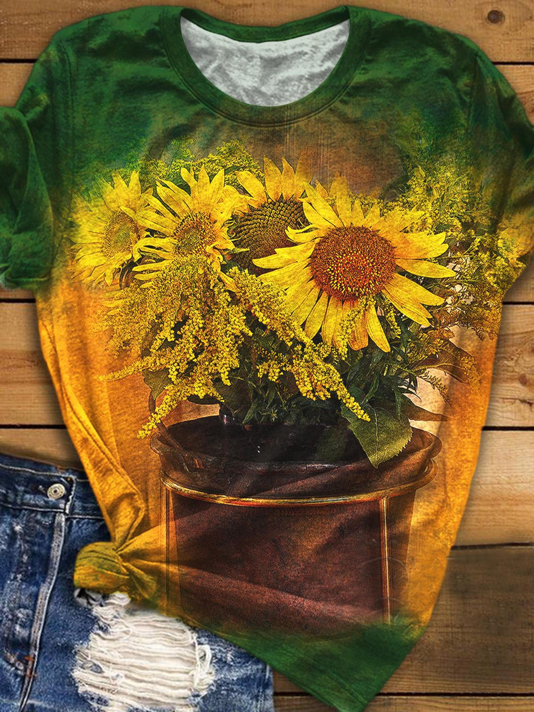 Women's Sunflower Print Crew Neck Casual Top