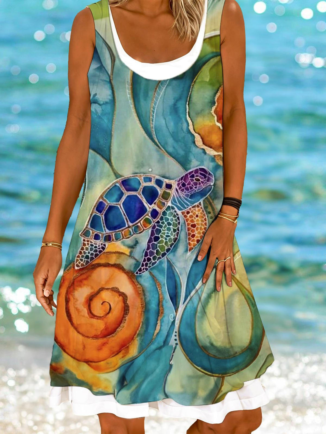 Abstract Turtle Ladies False Two Dress