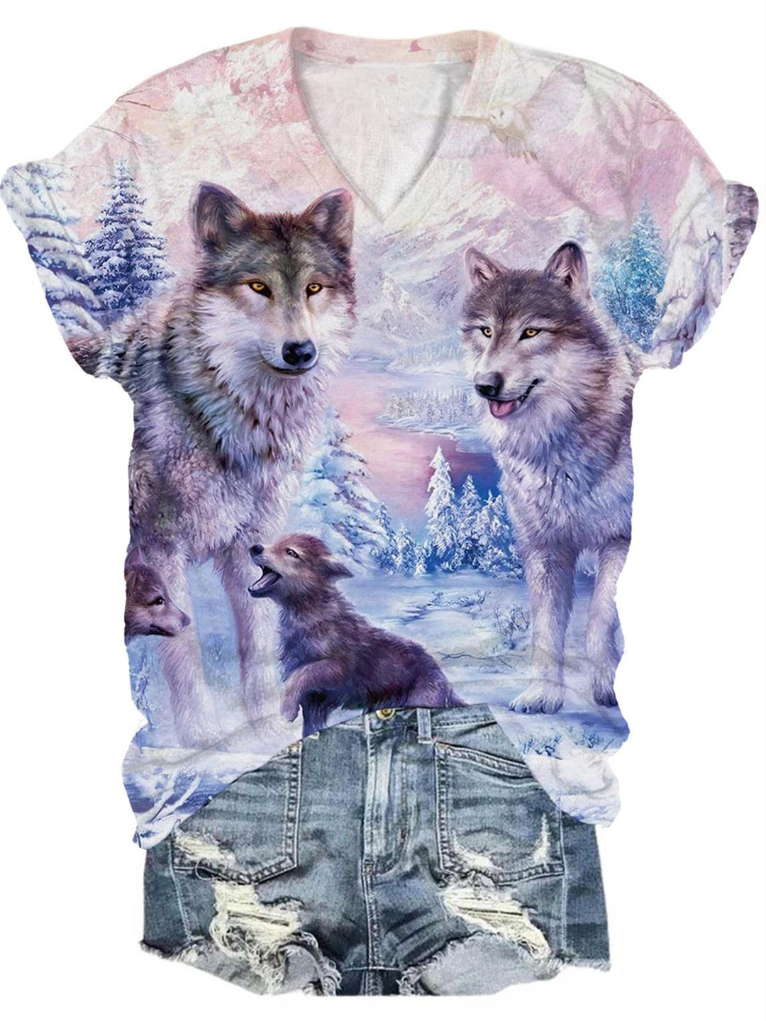 Wolf Animal Print V-Neck T-Shirt