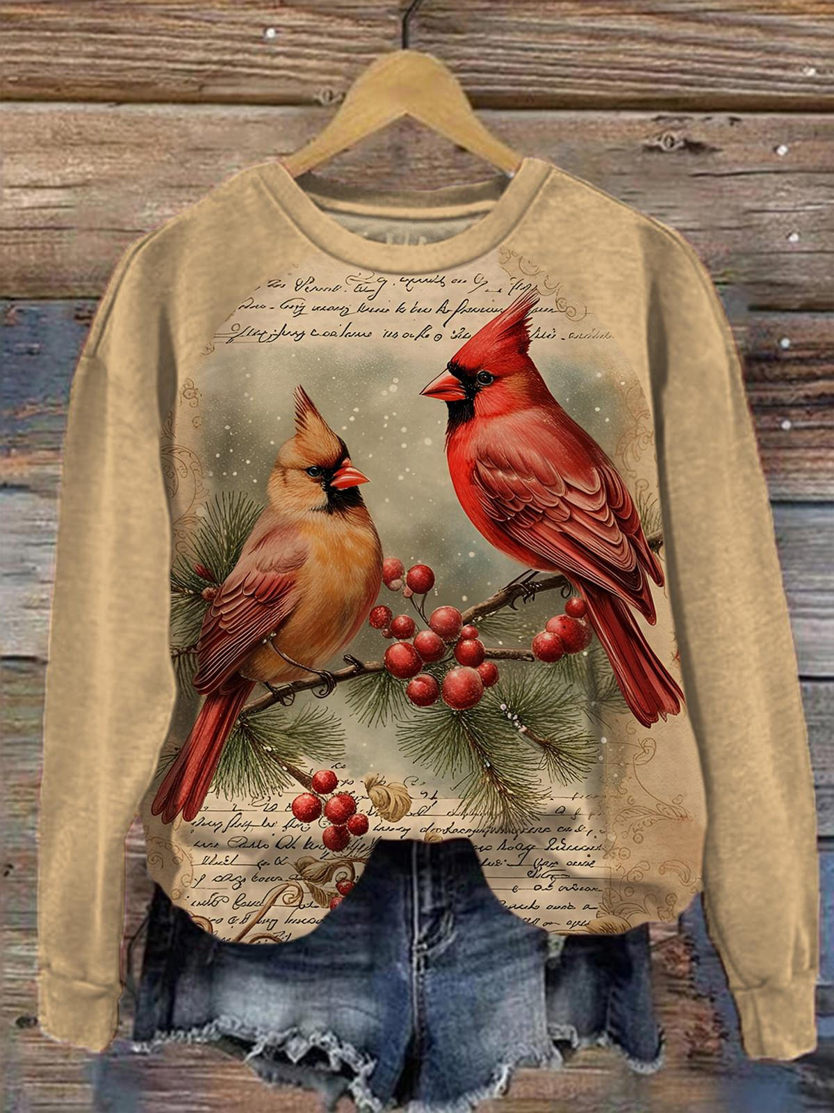 Festive Cardinal Nesting Long Sleeve Top - 3/4 Sleeve Holiday Shirt With Sequins