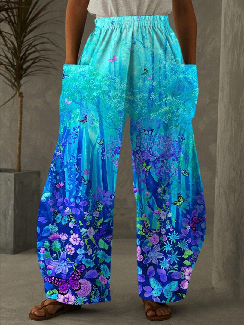 Blue Flower Butterfly Print Casual Pants