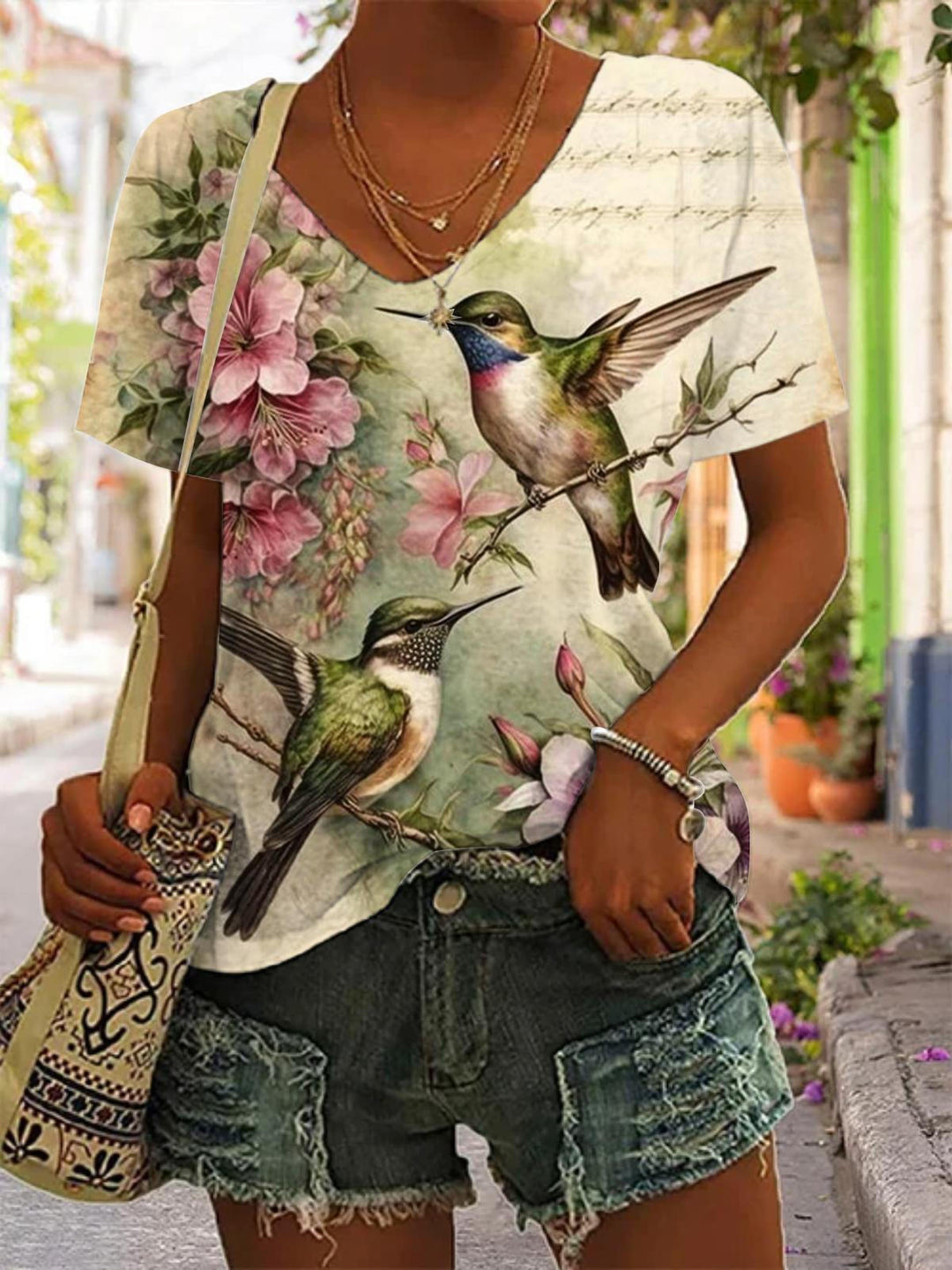 Women's Floral Hummingbird Print Top