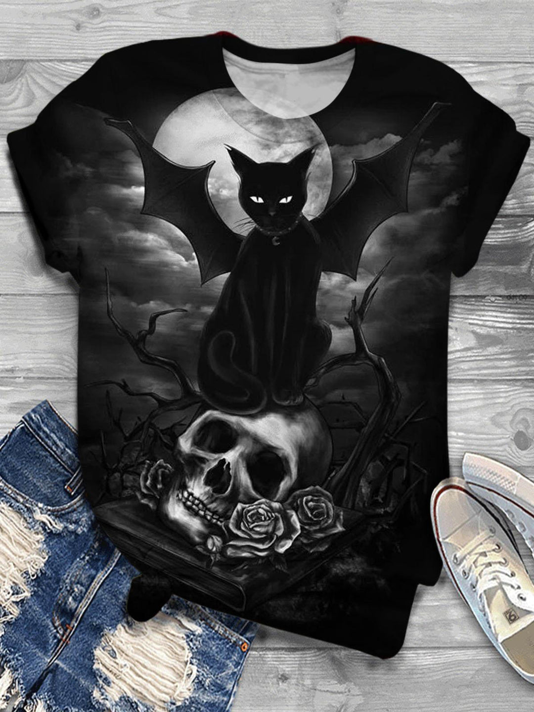 Women's Cat Skull Print T-Shirt