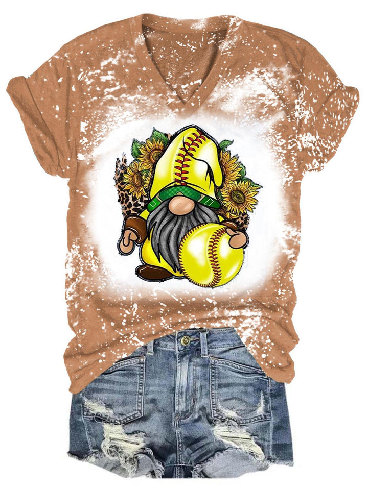 Gnome Softball Sunflower Tie Dye V Neck T-Shirt