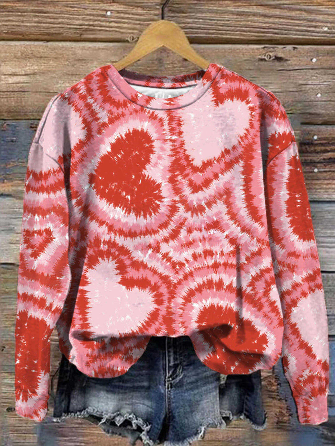 Tie-dye Hearts Printed Round Neck Long Sleeve Top