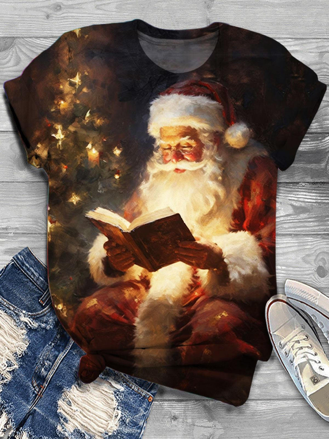 Women's Santa Print Round Neck Short Sleeve T-Shirt