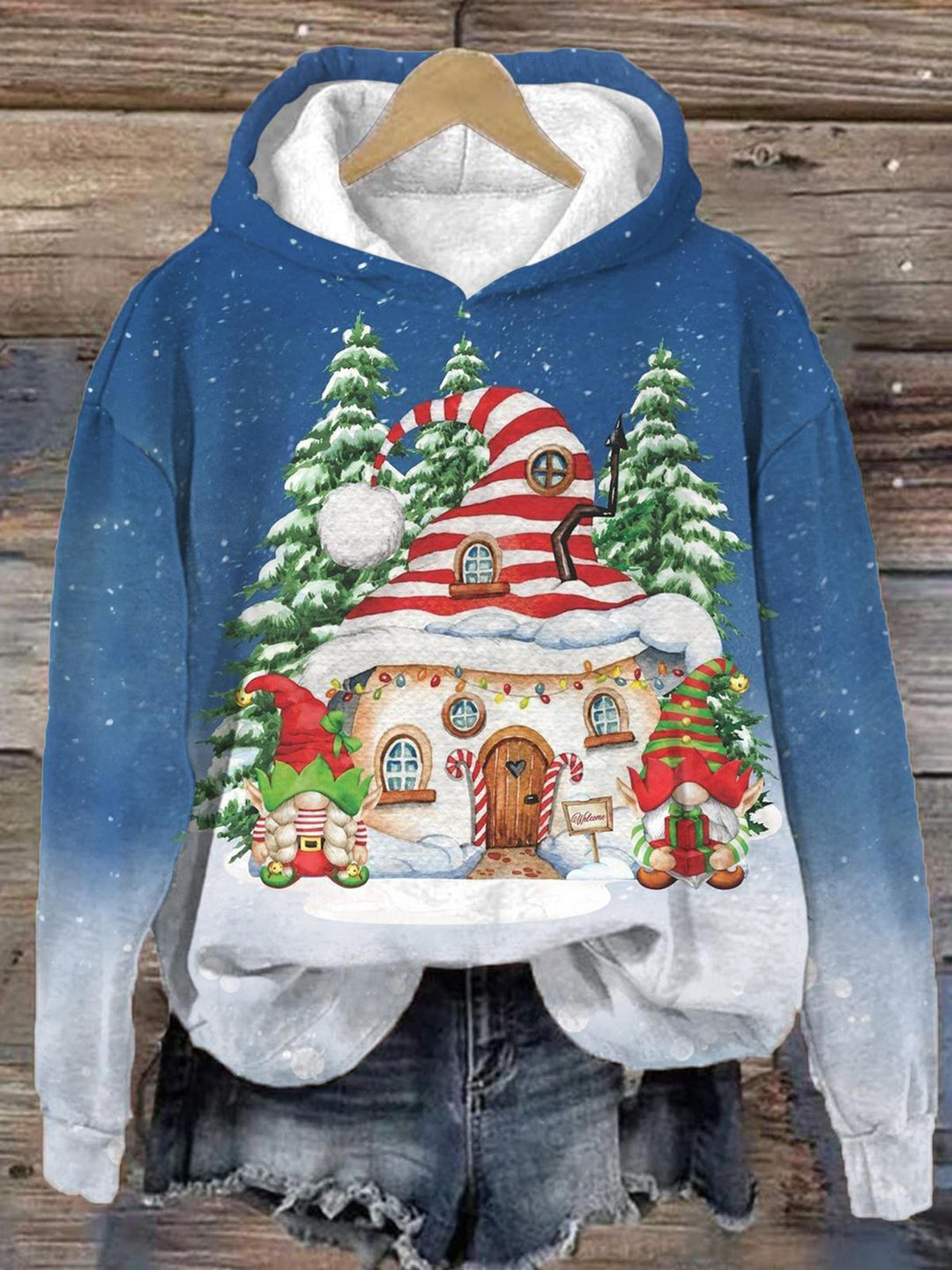 Snowing Gnome House Long Sleeve Printed Hoodie