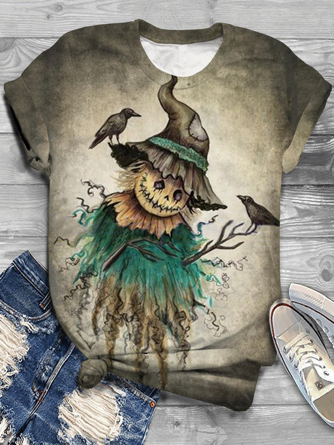 Halloween Scarecrow Bird Crew Neck T-shirt
