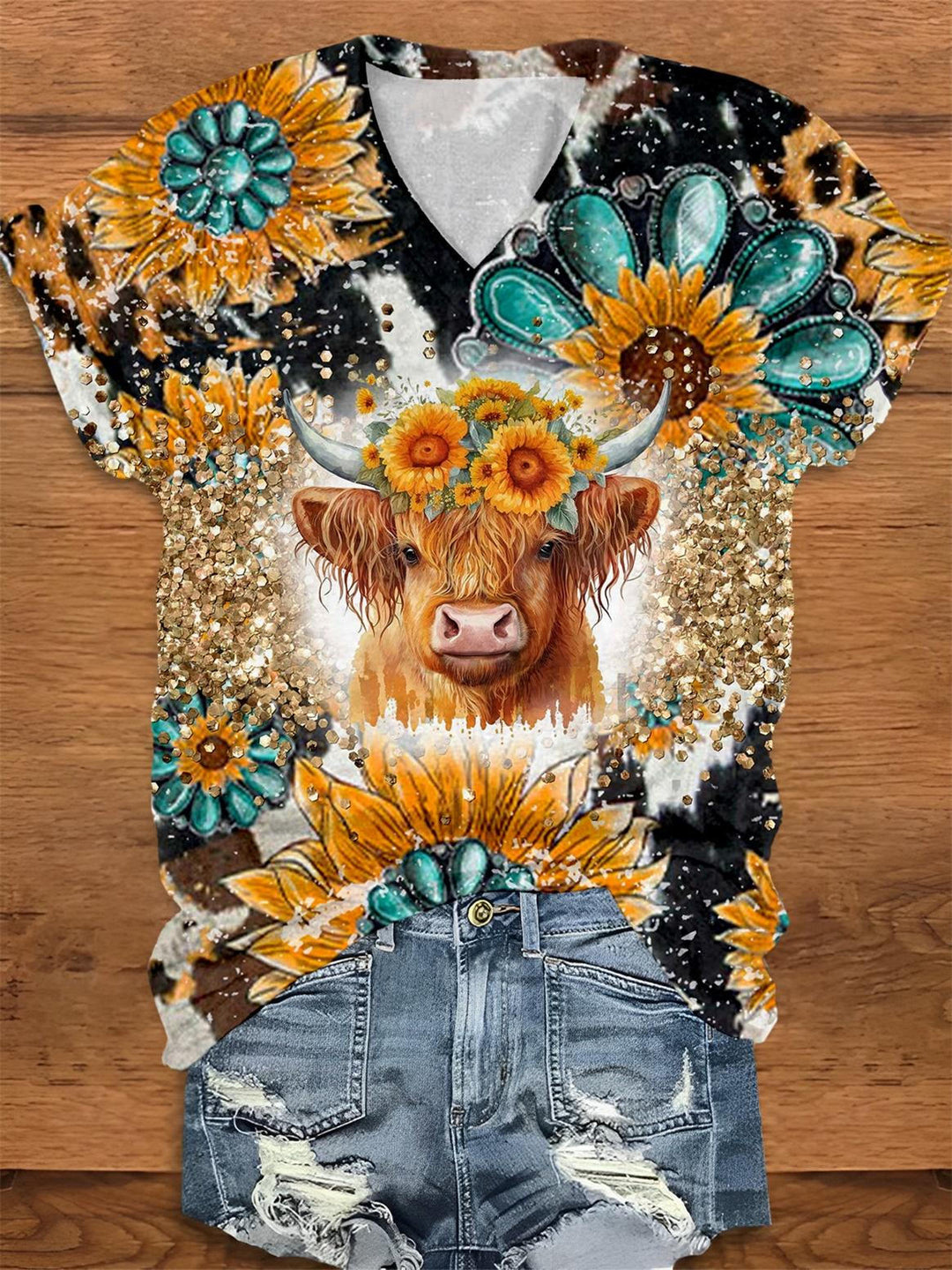 Sunflower Highland Cow Print V-Neck T-Shirt