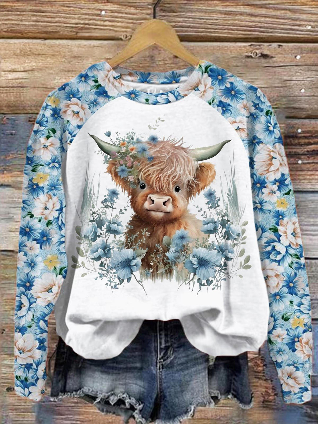 Blue Flower Baby Highland Cow Long Sleeve Top