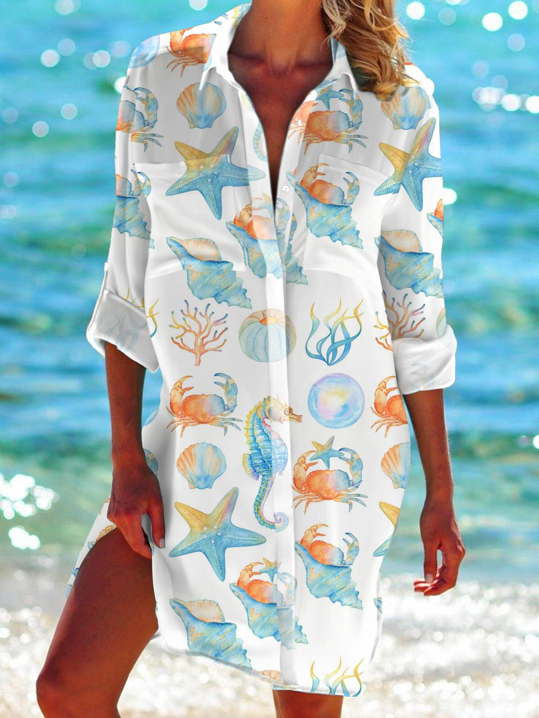 Starfish Crab Seaweed Print Long Sleeve Beach Shirt Dress