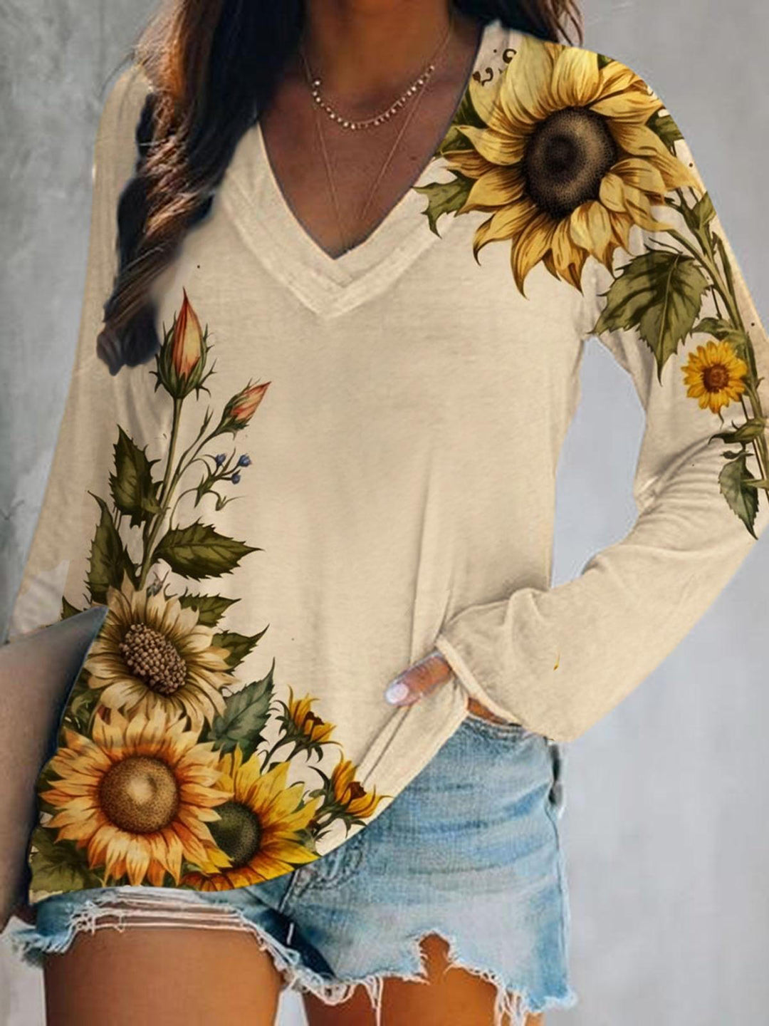 Sunflower Print V-Neck T-Shirt