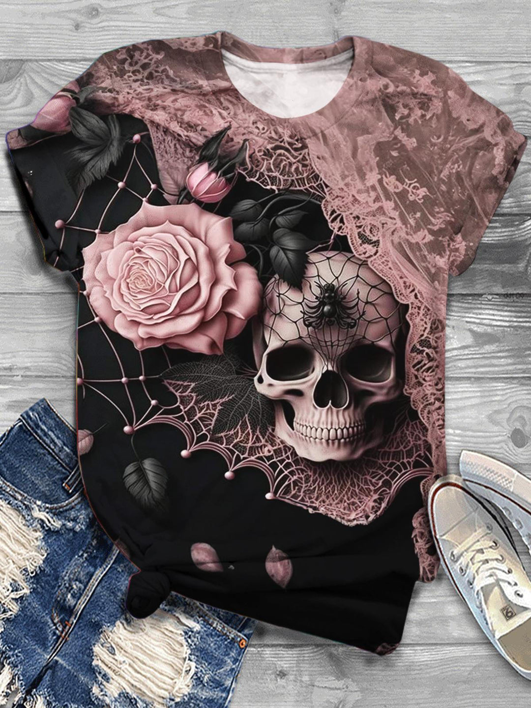 Floral Skull Round Neck Short Sleeve T-Shirt