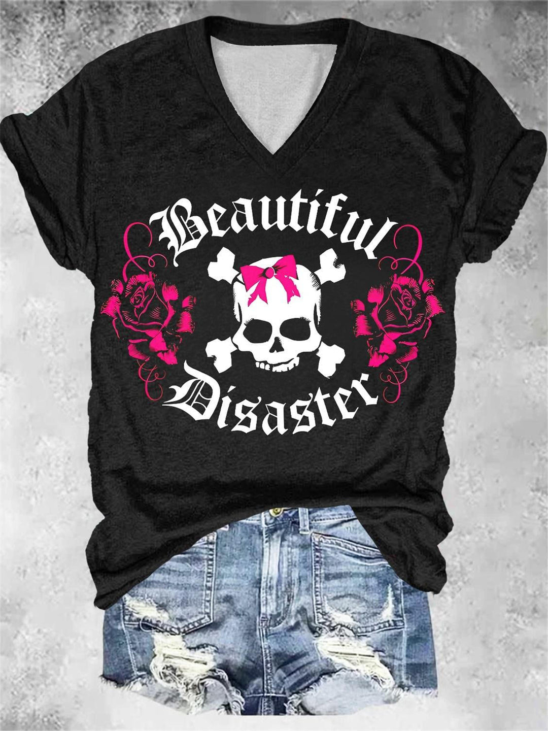 Beautiful Disaster Skull Print V-Neck T-Shirt