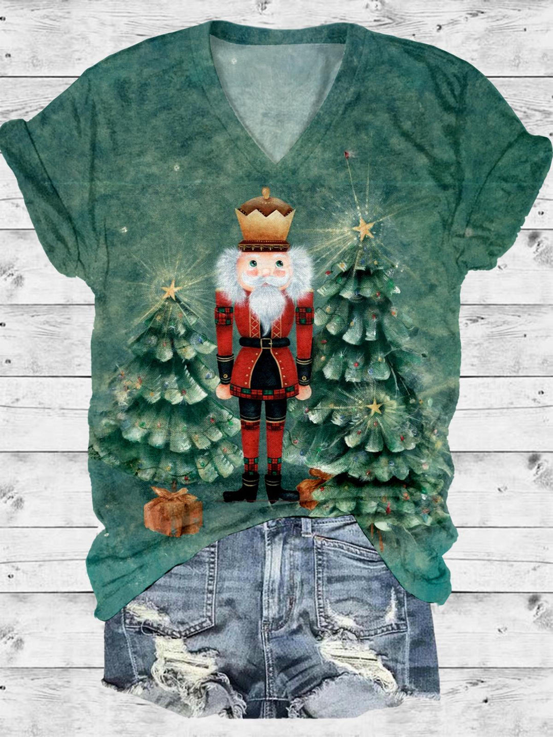 Christmas Tree Nutcracker V-Neck T-Shirt