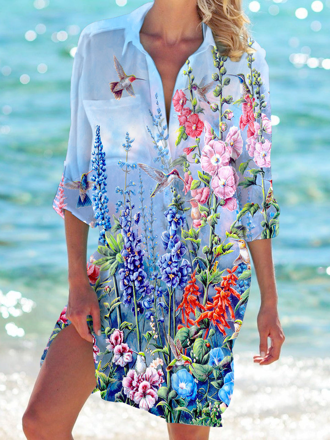 Hummingbird Floral Long Sleeve Beach Shirt Dress