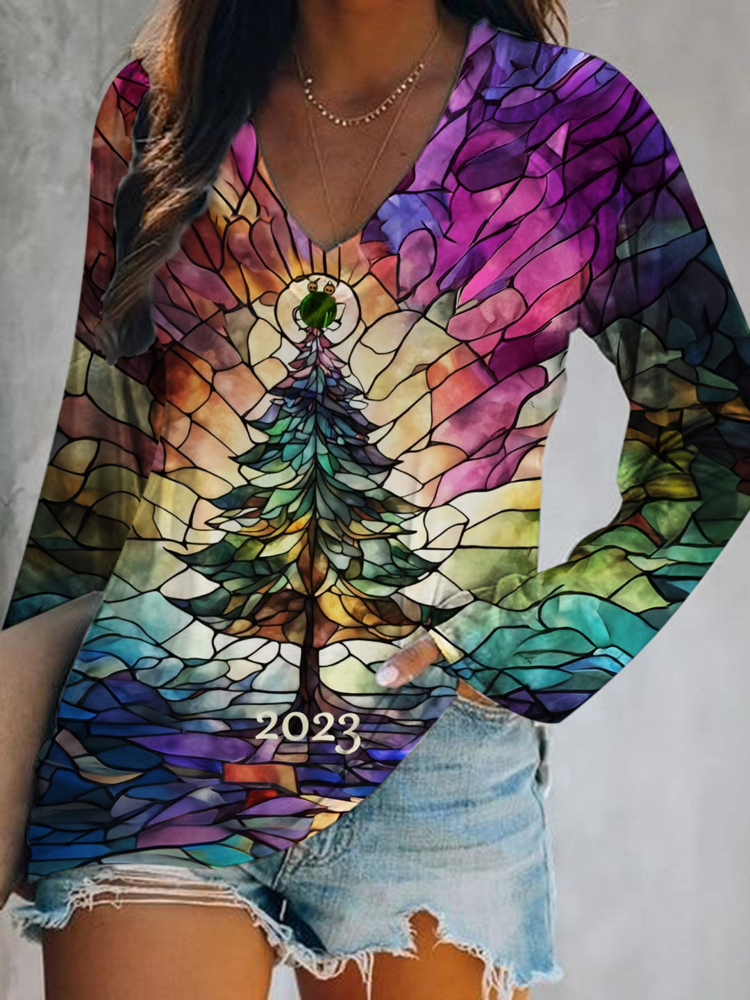 Christmas 2023 Print V-Neck Long Sleeve Top