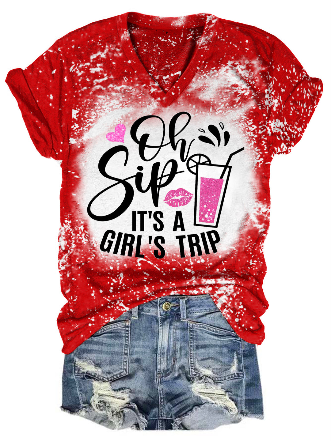 Oh Sip It's A Girl's Trip Drink Print V-Neck T-Shirt