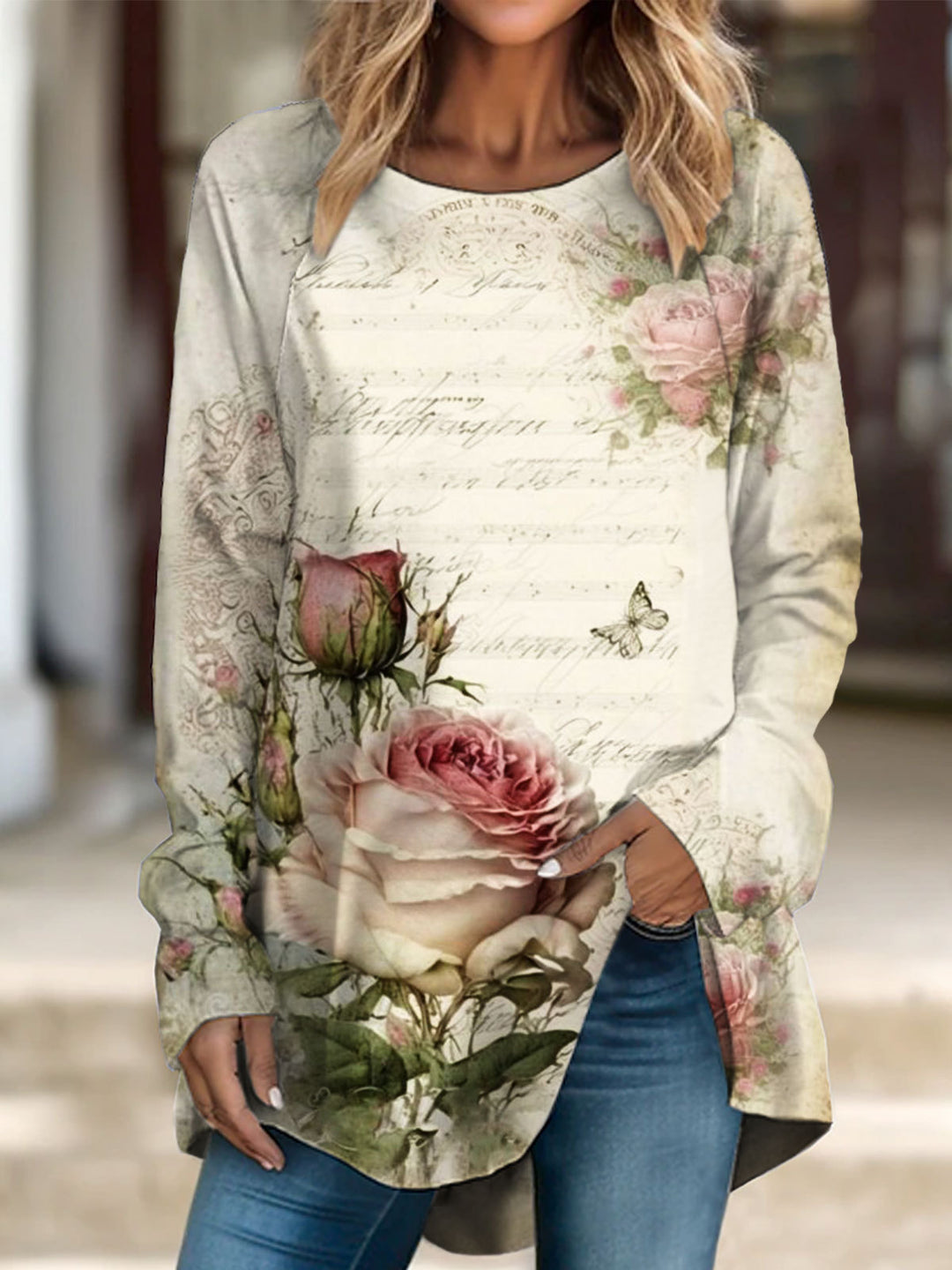 Women's Vintage Floral Print Crew Neck Long Sleeve Top