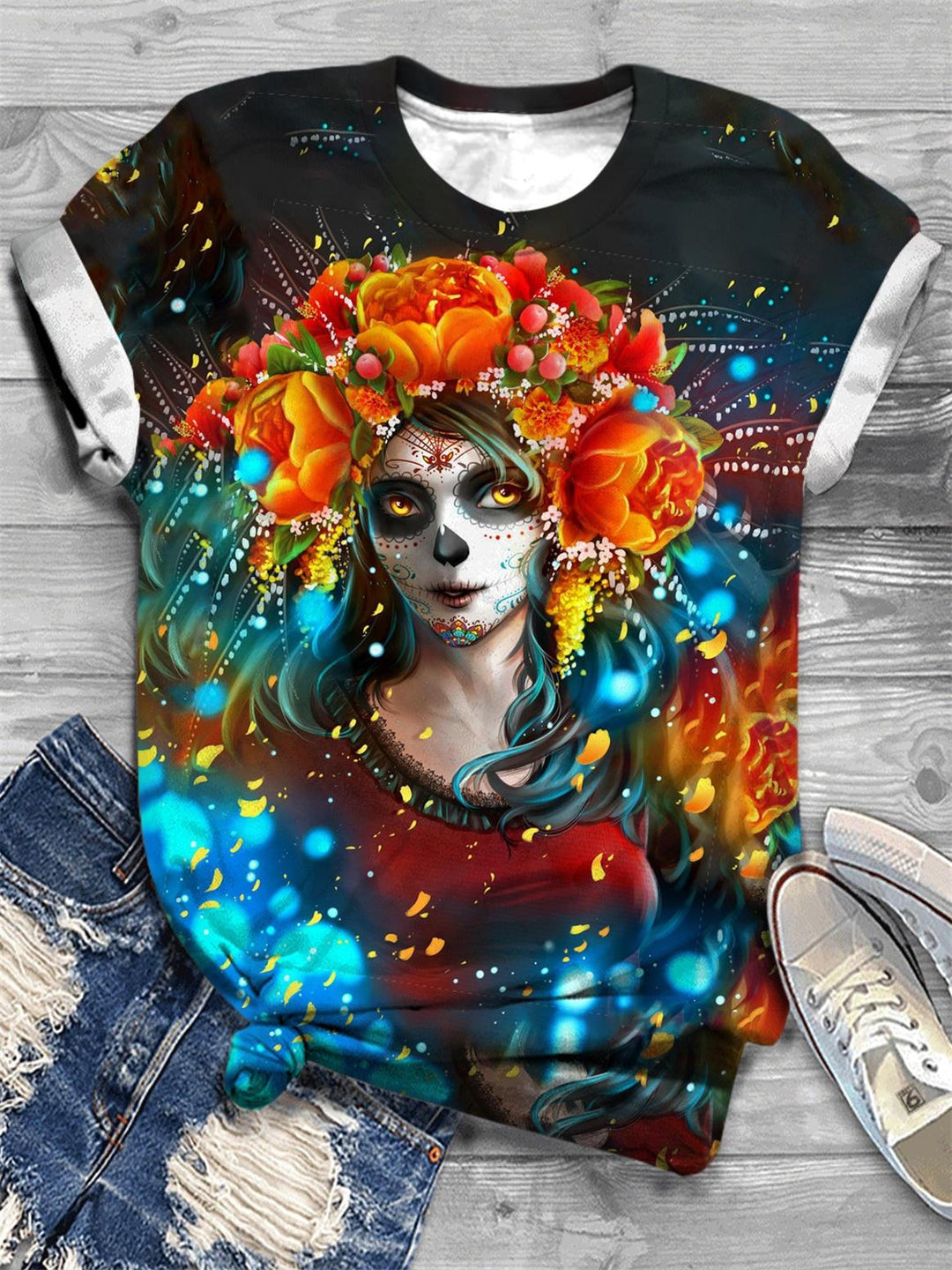 Sugar Skull Woman Print V Neck T-Shirt