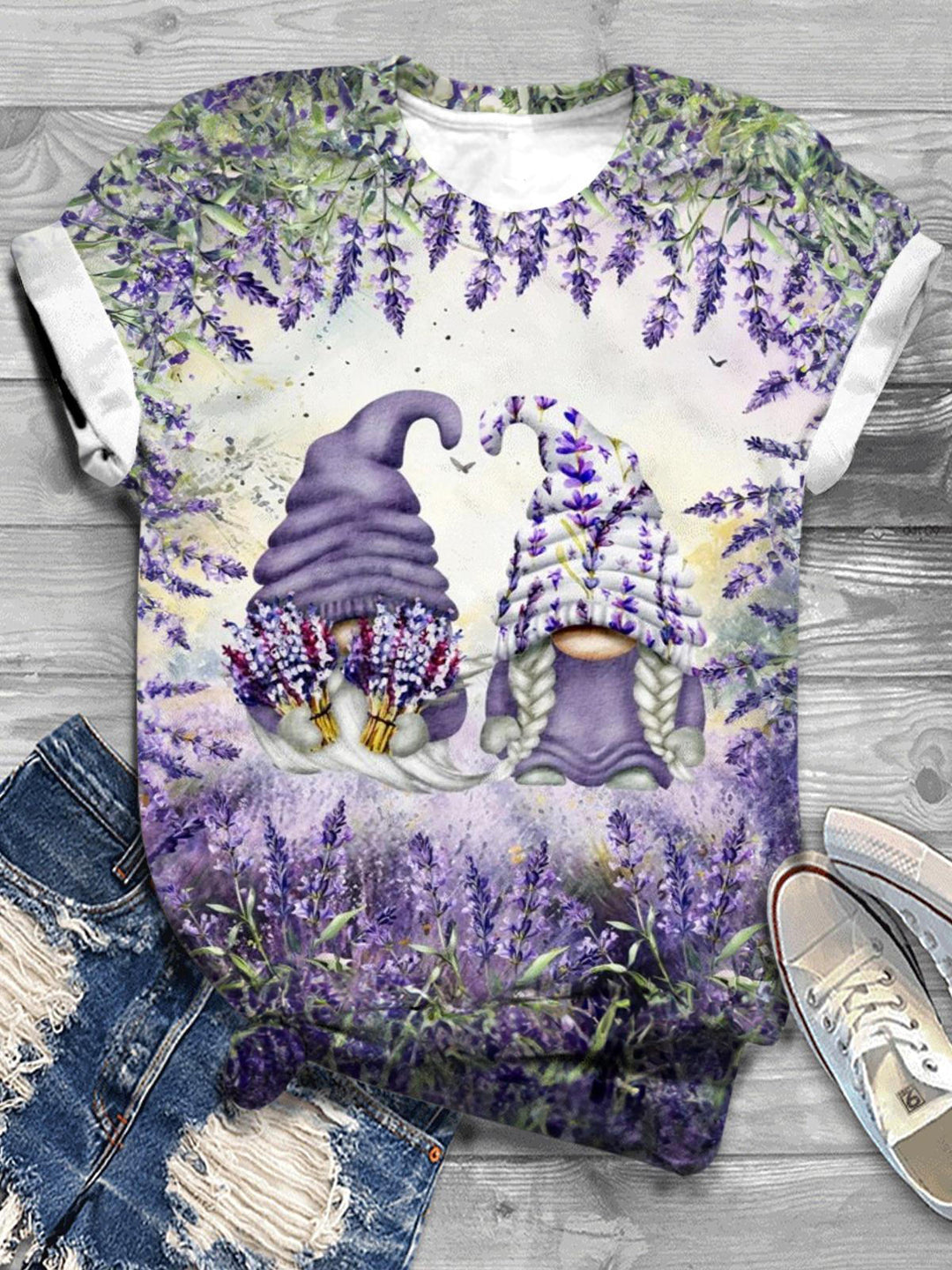 Lavender Flower Stand Gnomes Crew Neck T-shirt
