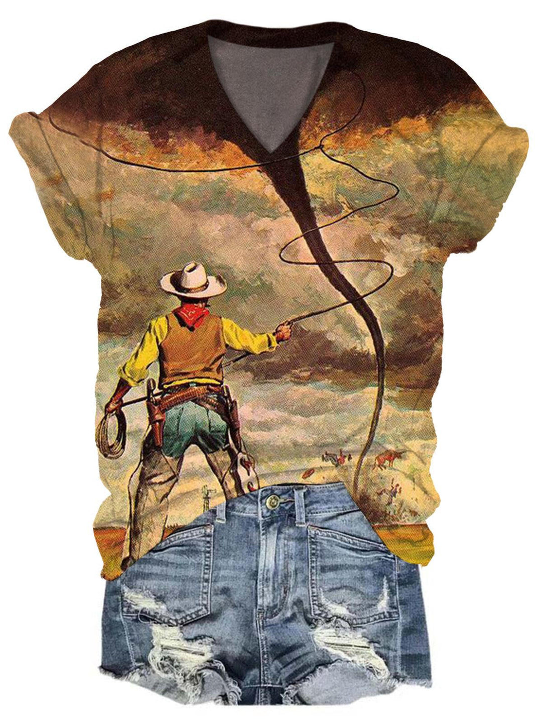 Retro Western Cowboy Print V-Neck T-Shirt