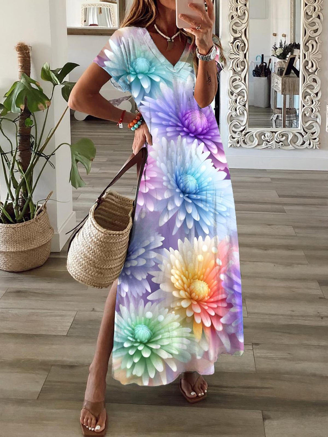 Colorful Daisy Print Short Sleeve V Neck Maxi Dress