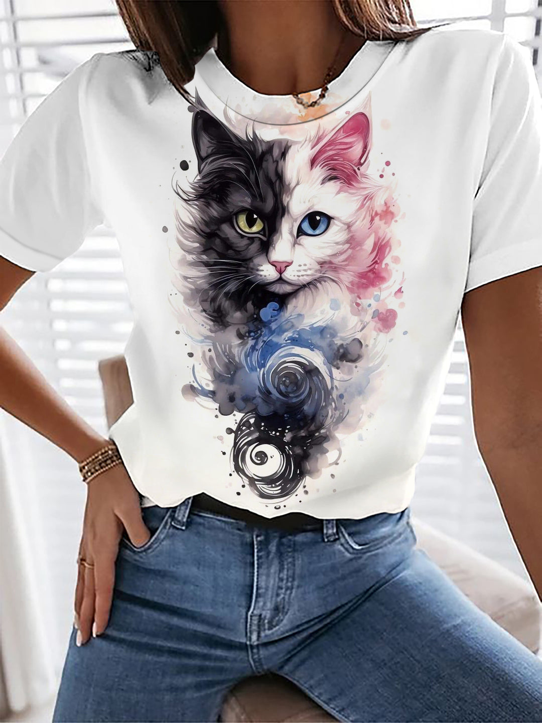 Women's Cute Cat Print Crew Neck T-shirt