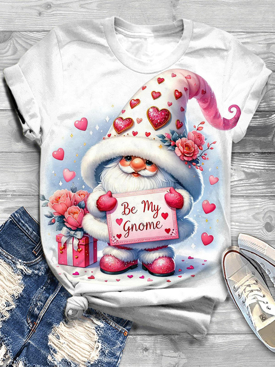 Valentines Gnome Print Crew Neck T-shirt