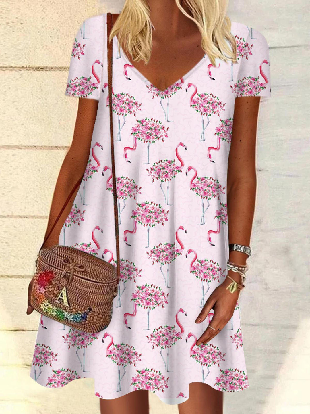 Flamingo Floral Print V-Neck Short-Sleeved Dress