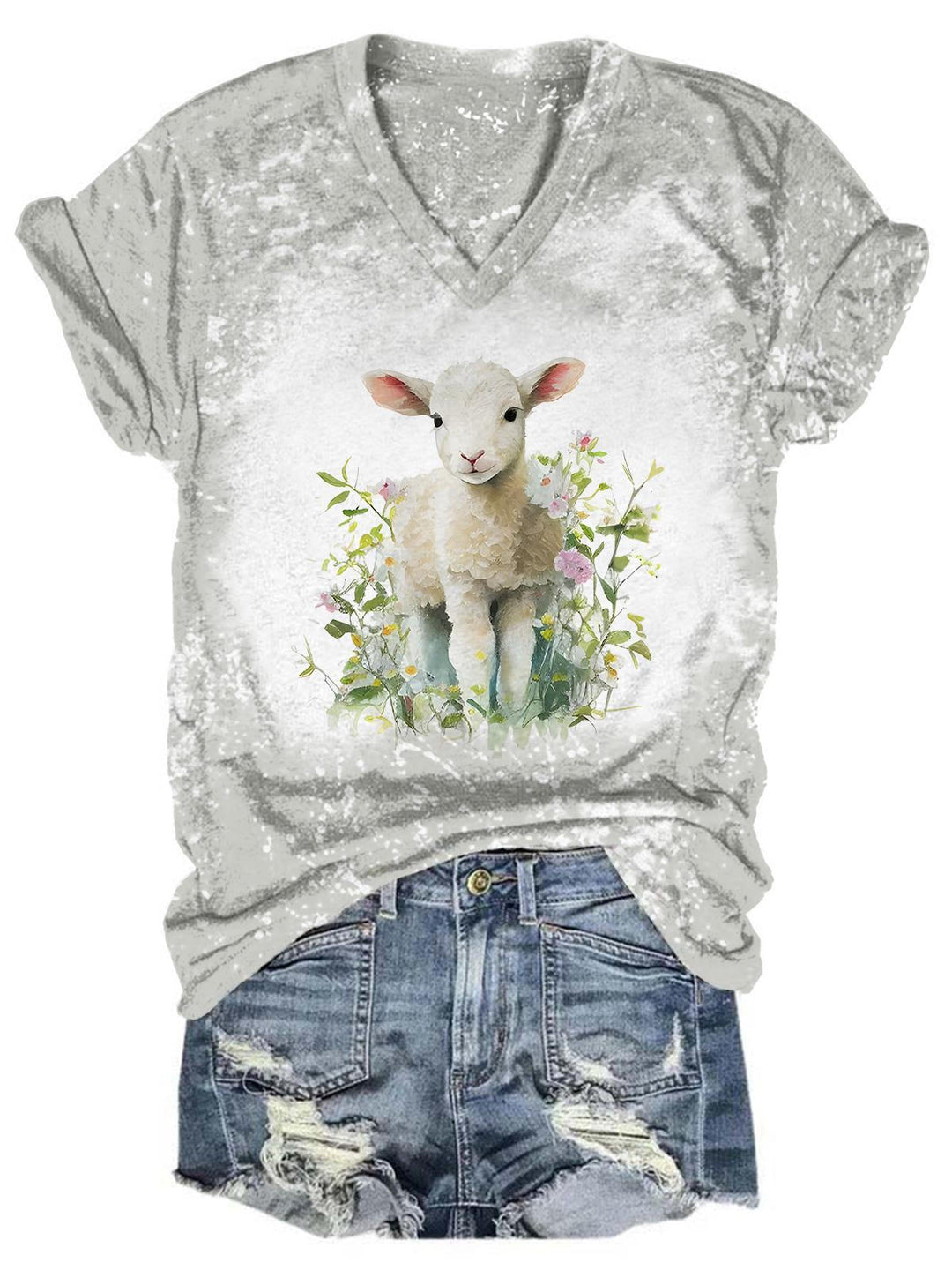 Flower Lamb Tie Dye V Neck T-Shirt