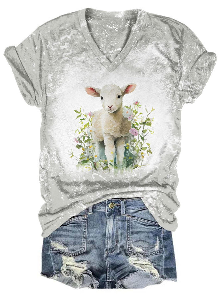 Flower Lamb Tie Dye V Neck T-Shirt