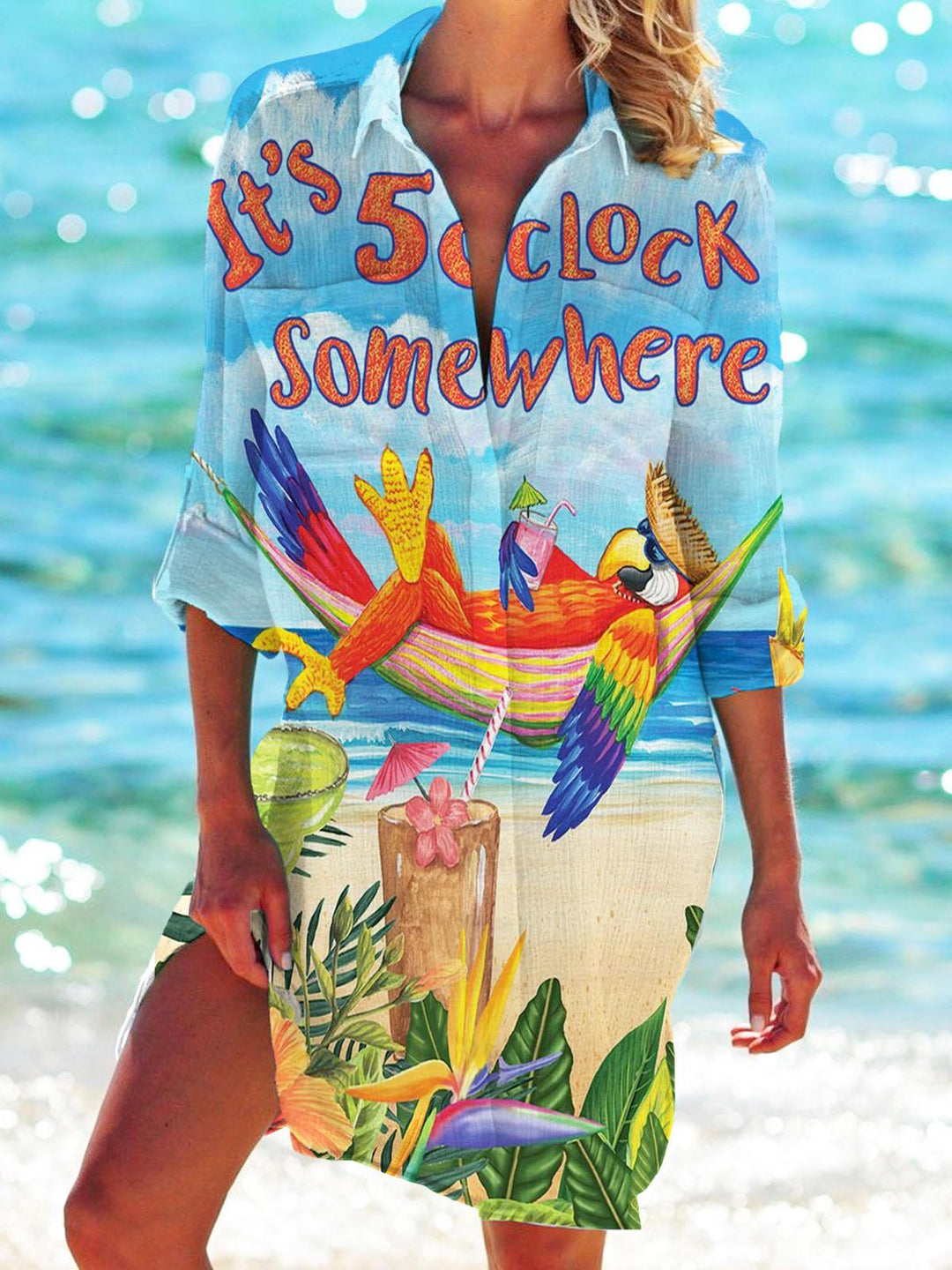 Parrot Beach Print Beach Shirt Dress