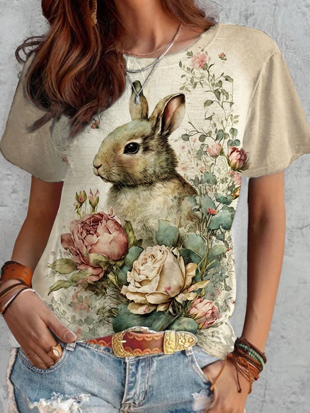 Easter Retro Floral Bunny Print Casual Top