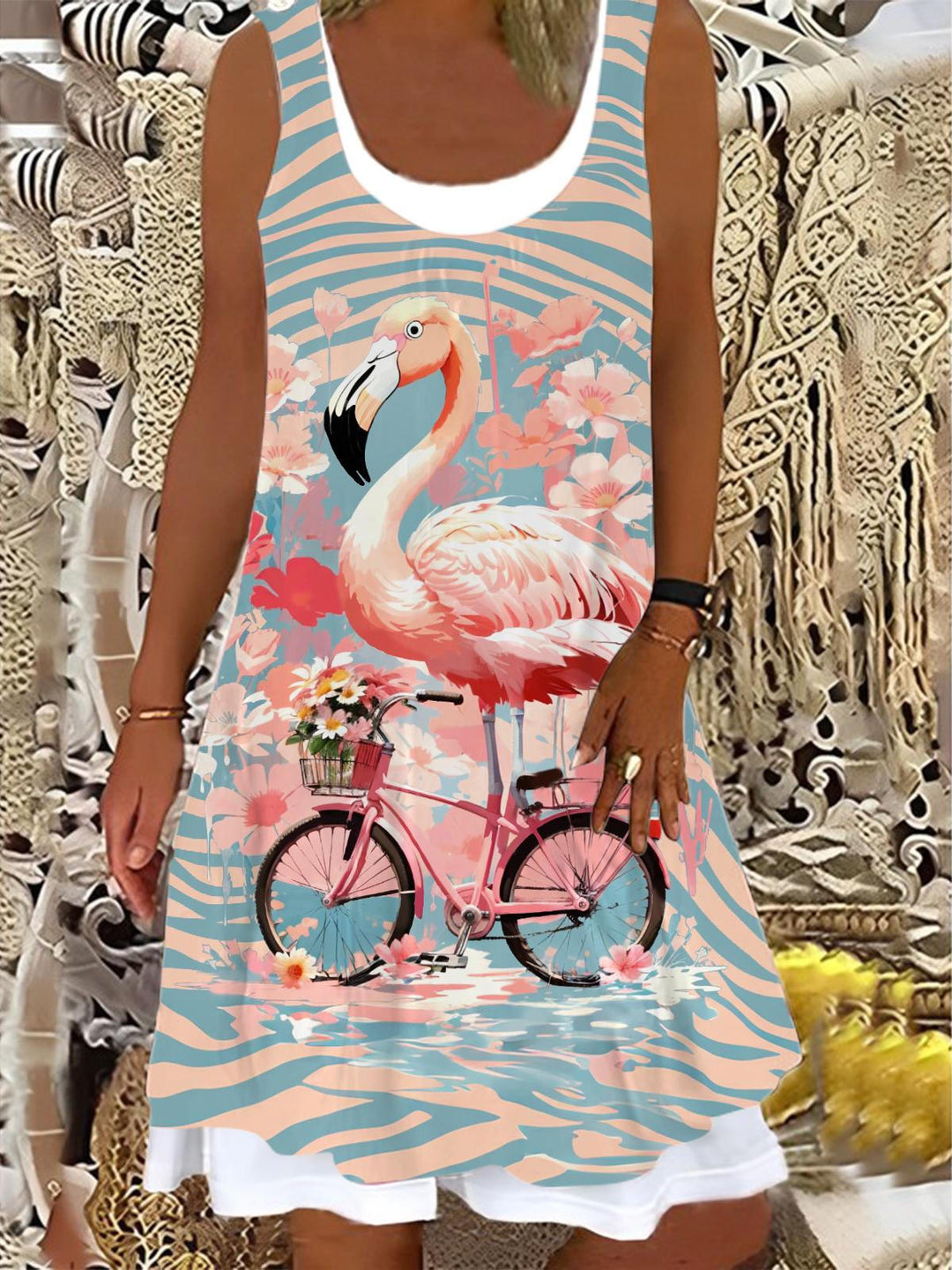 Ladies Flamingo Print False Two Dress