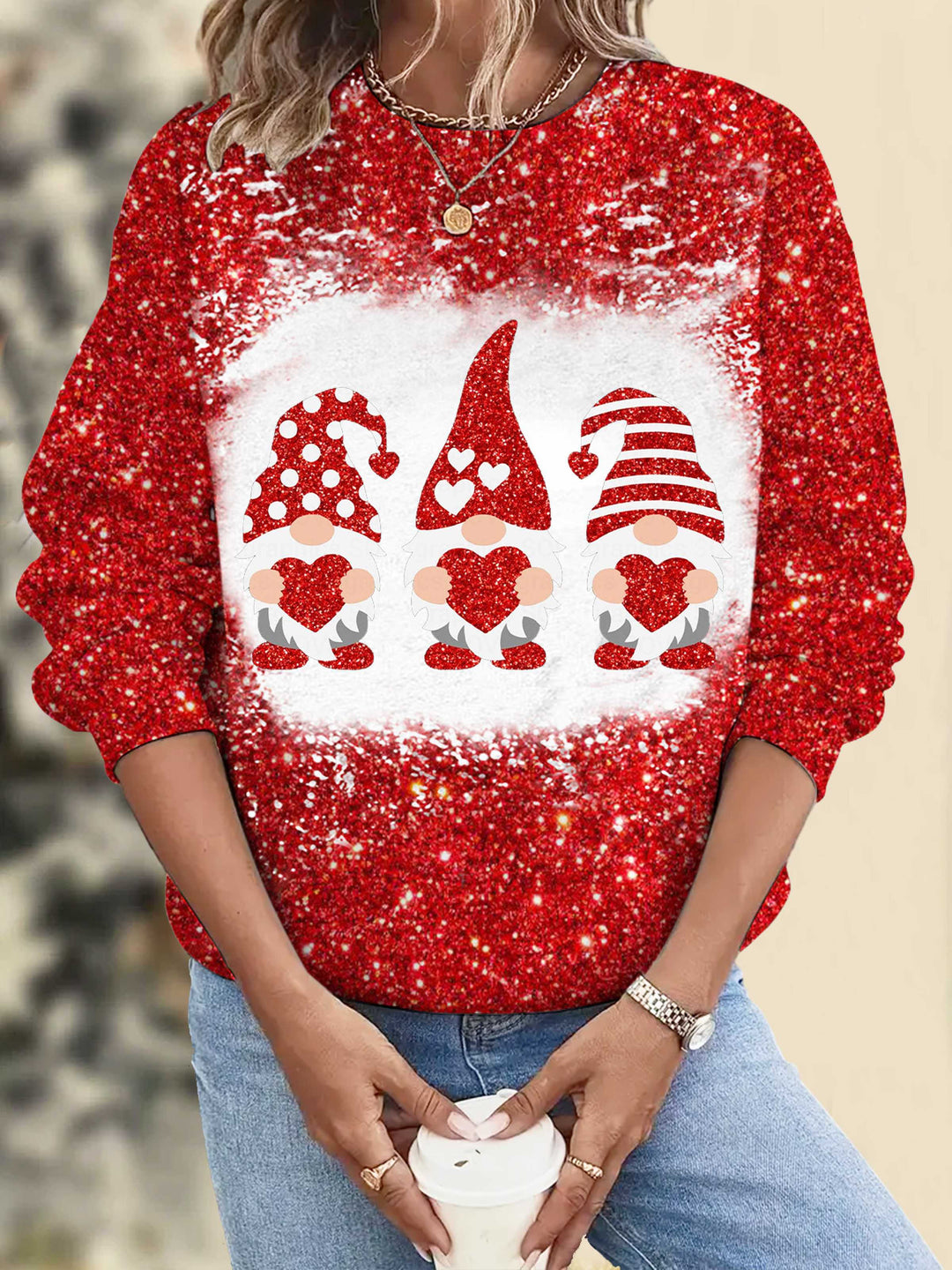 Love Gnome Glitter Print Crew Neck Long Sleeve Top