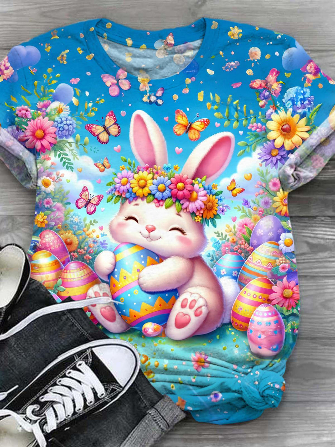 Easter Flower Egg Bunny Print Crew Neck T-shirt