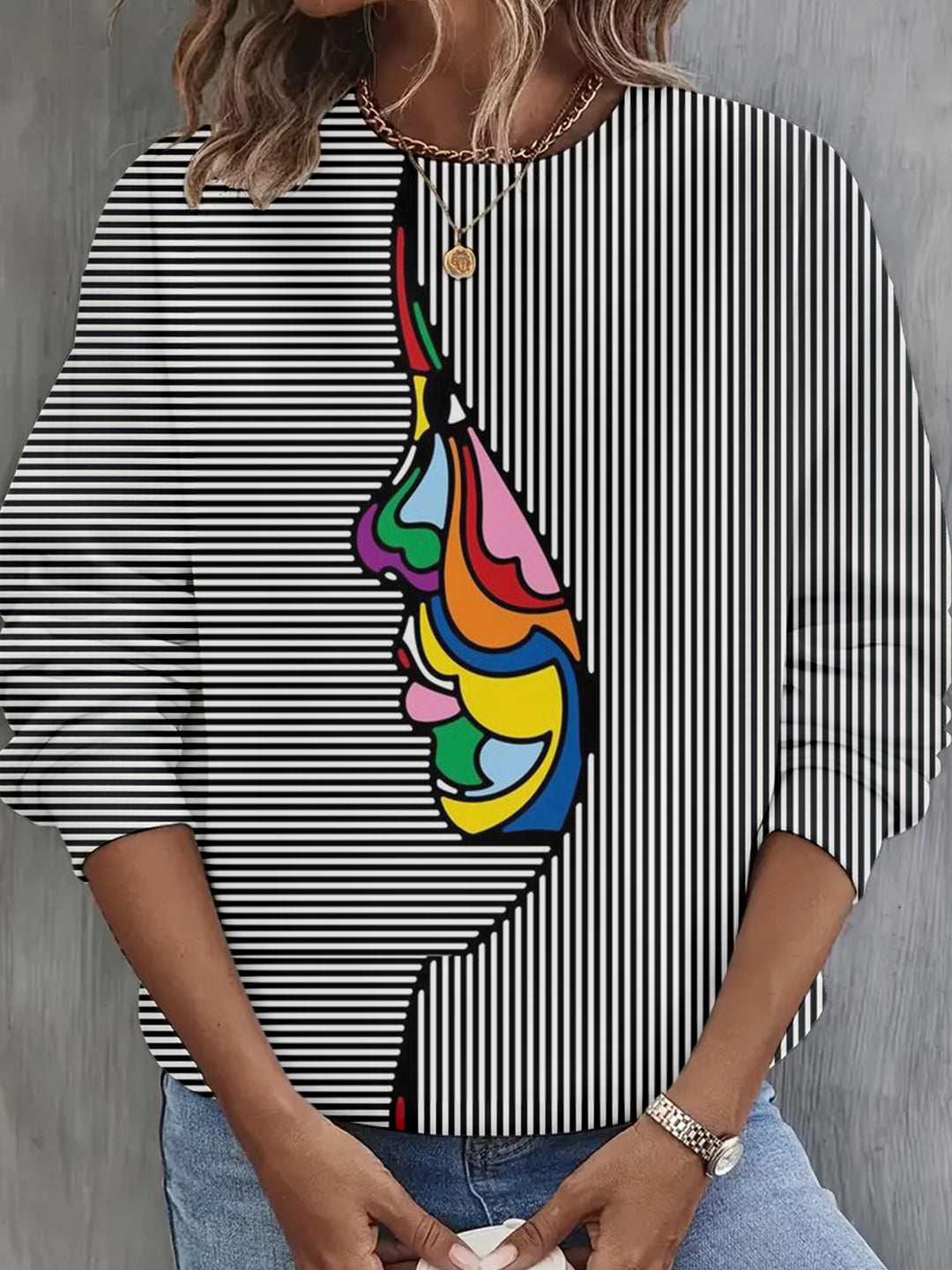 Abstract Stripe Face Art Long Sleeve Casual Top