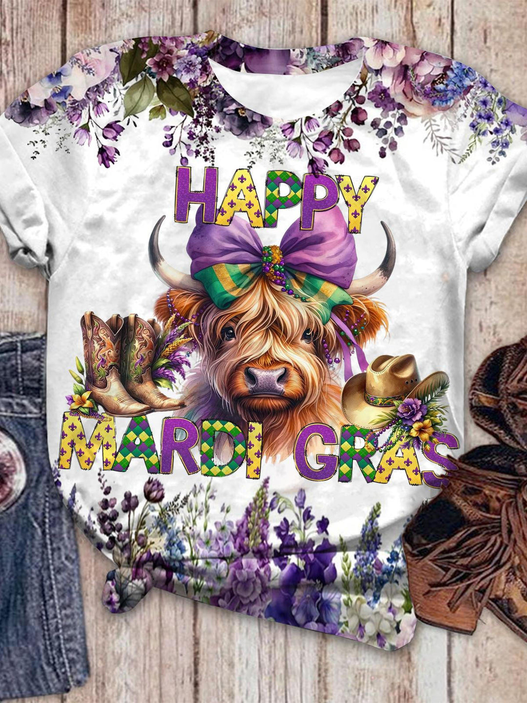 Happy Mardi Gras Highland Cow Crew Neck T-shirt