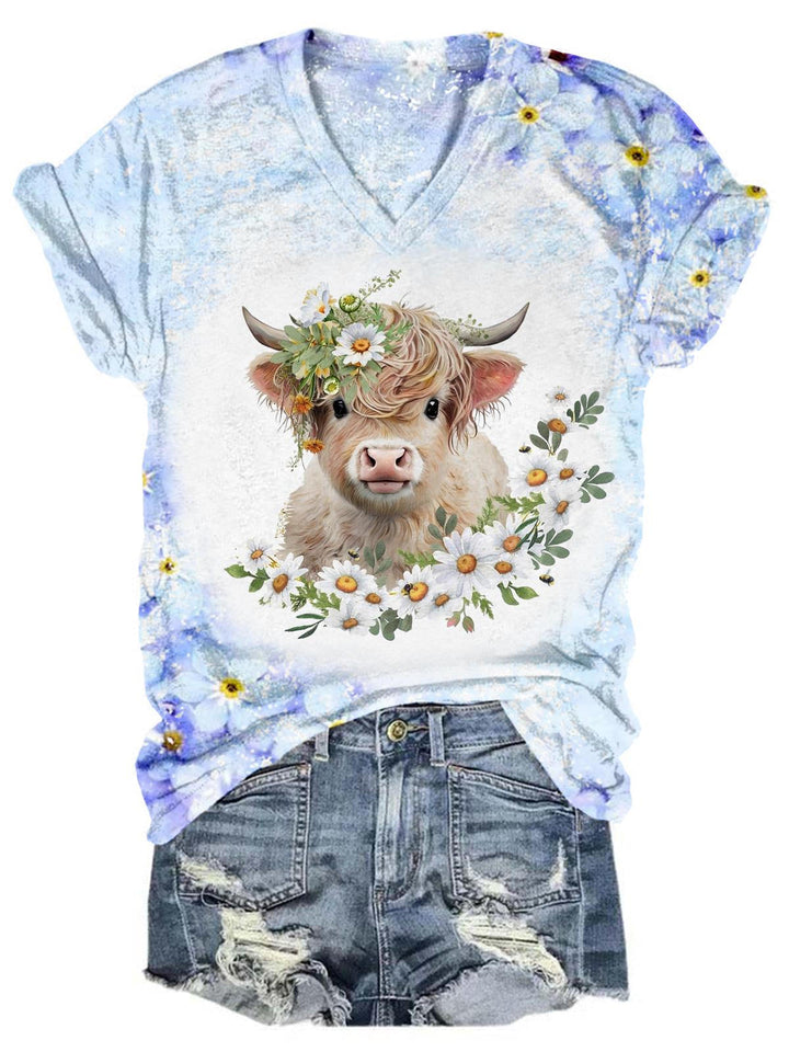 Daisy Highland Cow Tie Dye V Neck T-Shirt