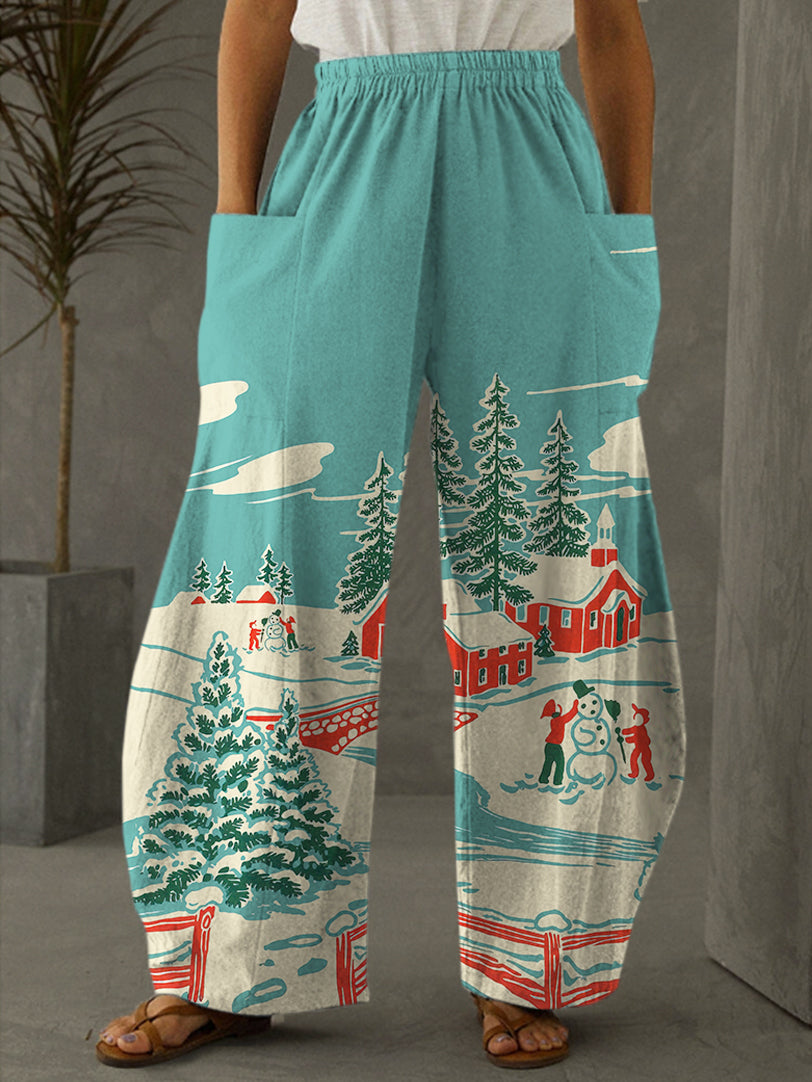 Vintage Winter Christmas Print Casual Pants