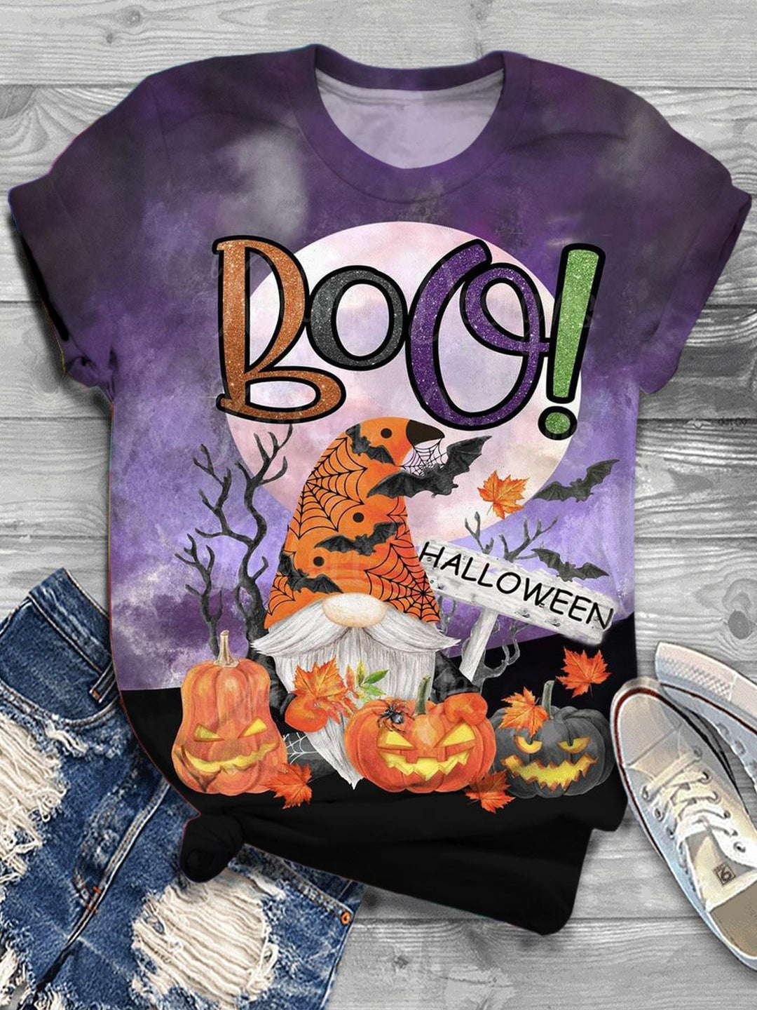 Women's Halloween Gnome Print Round Neck Short Sleeve T-Shirt