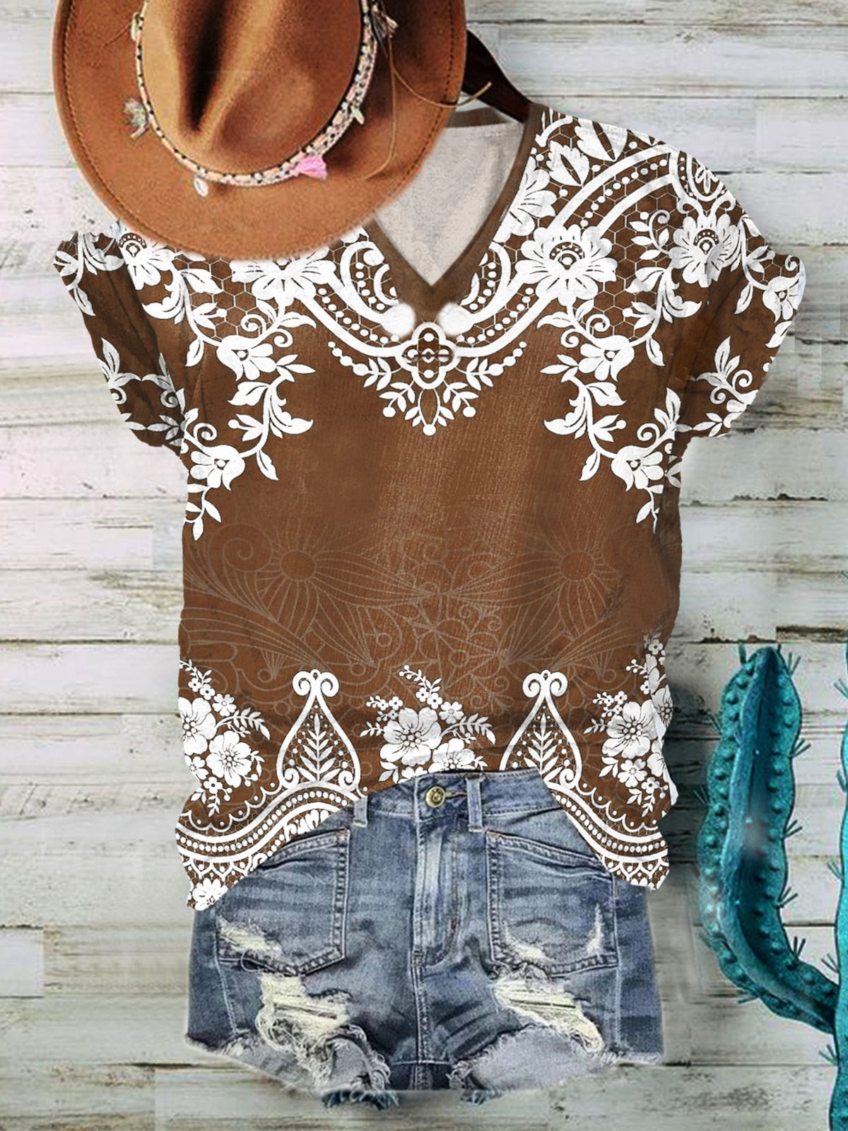 Women's Retro Floral Print Casual V-Neck Top  Wonder closets