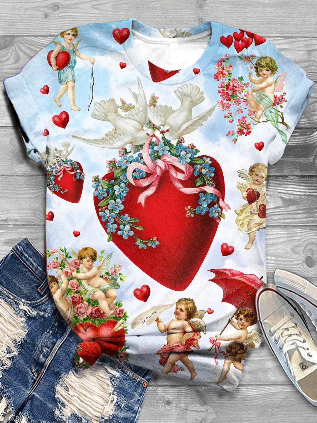 Valentine Heart Print Crew Neck T-shirt