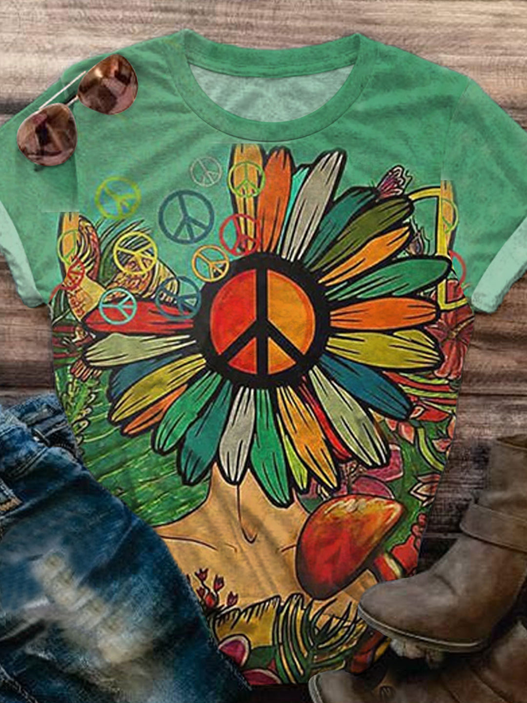 Hippie Vintage Print Crew Neck T-shirt