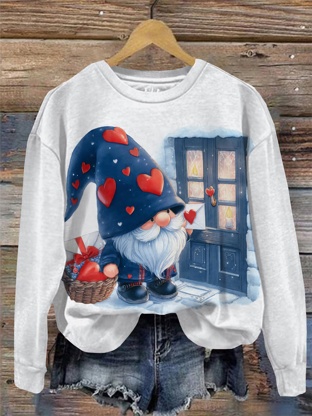 Women's Valentine's Day Gnome Round Neck Long Sleeve Top