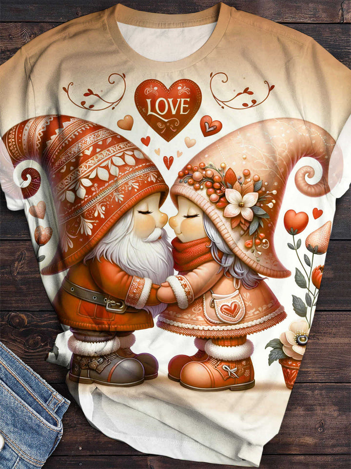 Valentine Love Gnomes Print Crew Neck T-Shirt